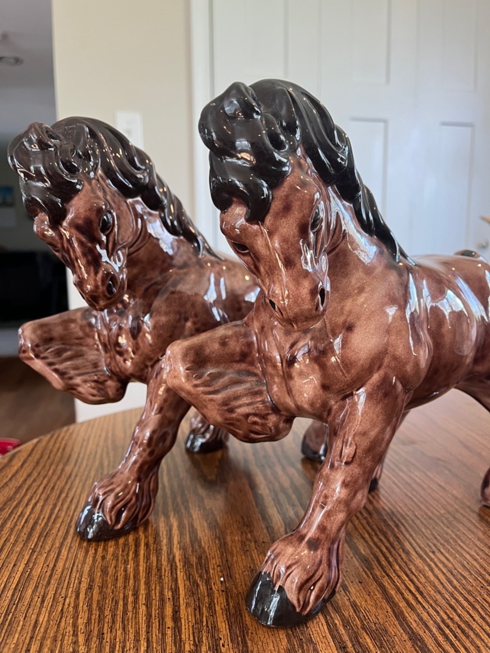 Vintage Pair of Brown Glazed Ceramic Draft Horse Figurines